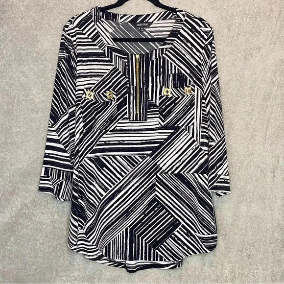 ELLEN Tracy XL Top Shirt Black Striped 3/4 Sleeve Scoop Neck Zipper Closure P21 - Picture 1 of 7